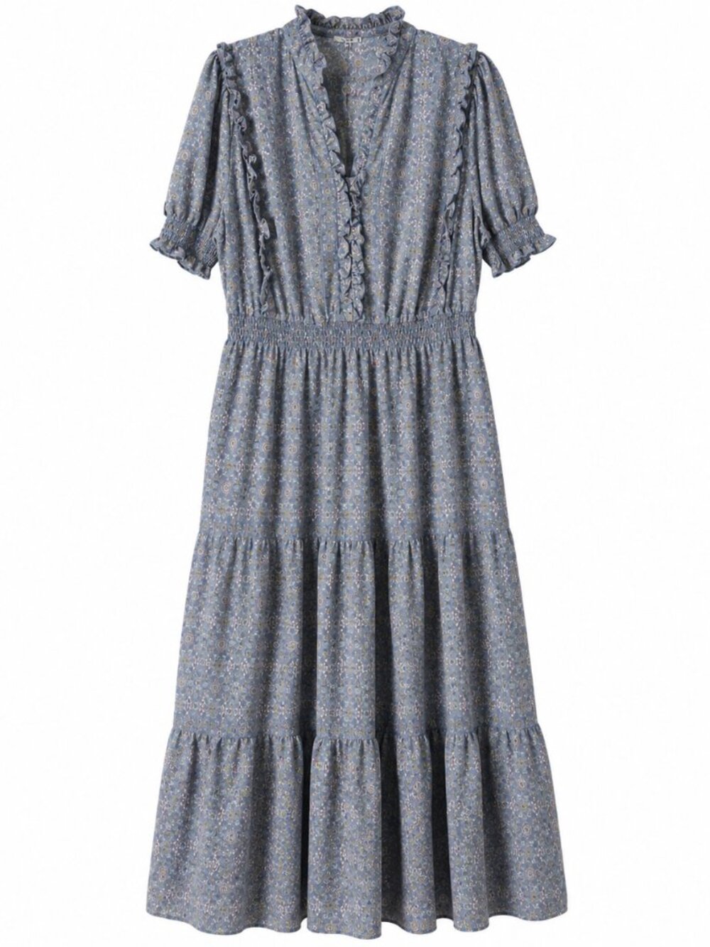 NWT Max Studio 3X Blue Floral Tiered Maxi Dress Ruffle Split Neck Smocked Waist